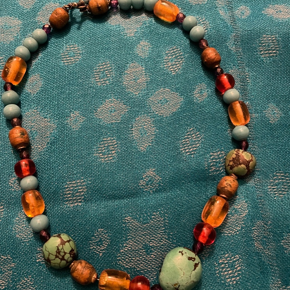 Turquoise and Amber Beaded Necklace 18in.. toggle chain…NWOT